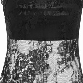Lace Floral Halter Neckline See-Through Asymmetrical Hem Blouse