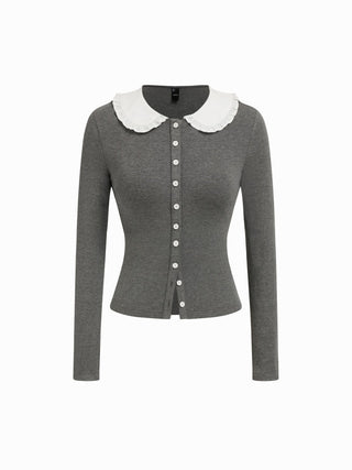 Cotton-blend Color-block Peter Pan Collar Top & Low Rise Capri Pants Set