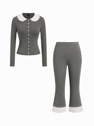 Cotton-blend Color-block Peter Pan Collar Top & Low Rise Capri Pants Set