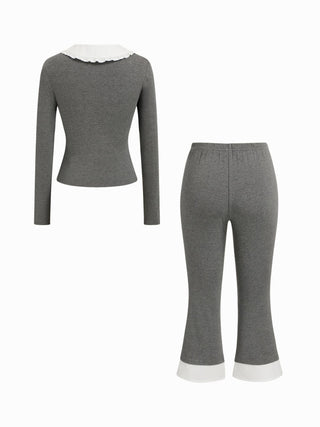 Cotton-blend Color-block Peter Pan Collar Top & Low Rise Capri Pants Set