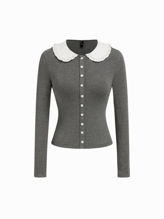 Cotton-blend Color-block Peter Pan Collar Top & Low Rise Capri Pants Set