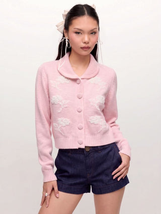 Cotton-blend Floral Embroidery Peter Pan Collar Long Sleeve Knit Top