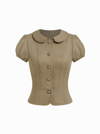 Cotton-blend Peter Pan Collar Puff Sleeve Blouse