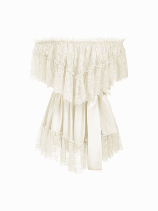 Satin Off-shoulder Lace Ruffle Belted A-line Mini Dress
