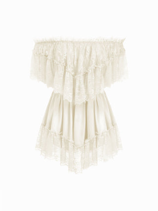Satin Off-shoulder Lace Ruffle Belted A-line Mini Dress