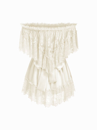 Satin Off-shoulder Lace Ruffle Belted A-line Mini Dress