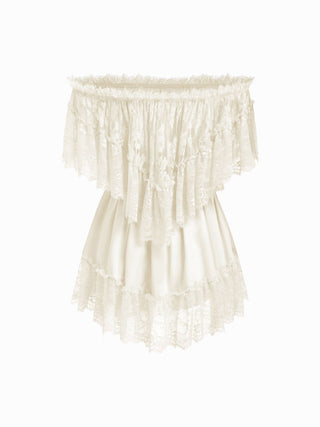 Satin Off-shoulder Lace Ruffle Belted A-line Mini Dress