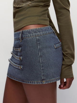 Denim Low Rise Washed Metal Detail A-line Micro Mini Skort