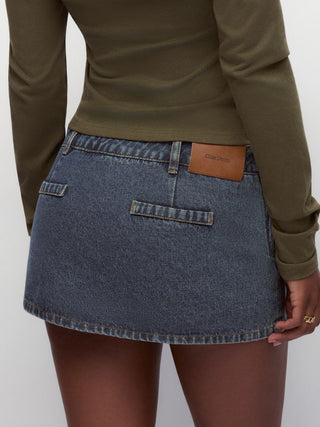 Denim Low Rise Washed Metal Detail A-line Micro Mini Skort