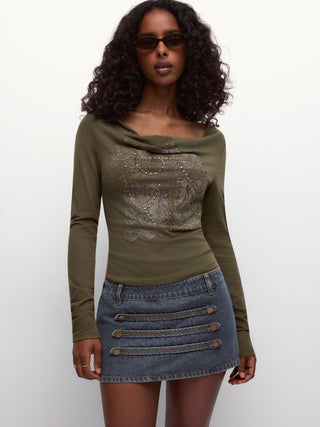 Denim Low Rise Washed Metal Detail A-line Micro Mini Skort