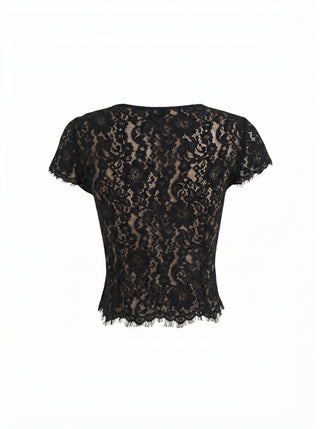 Cotton-blend Lace Scoop Neckline Short Sleeve Top