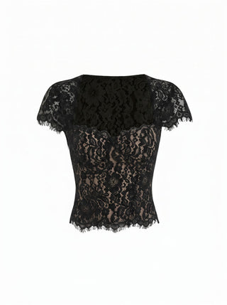 Cotton-blend Lace Scoop Neckline Short Sleeve Top