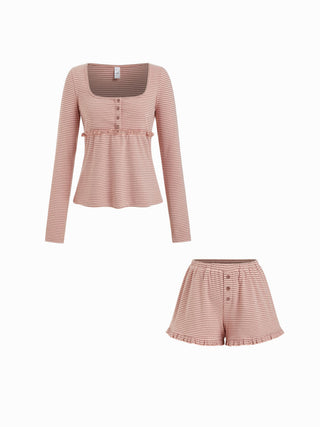 Stripe Long Sleeve U-neckline Ruffle Top & Mid Rise Wide Leg Trousers Loungewear Set