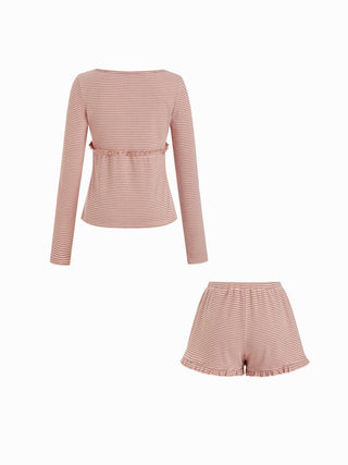 Stripe Long Sleeve U-neckline Ruffle Top & Mid Rise Wide Leg Trousers Loungewear Set