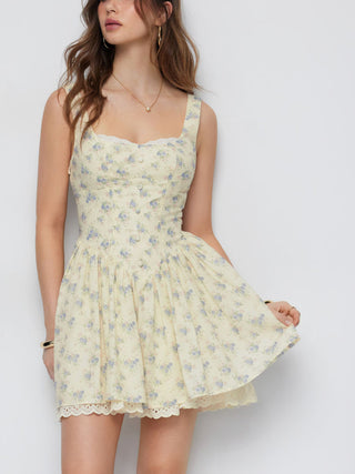Floral Sweetheart Neck Eyelet Trim Lace Up Basque Waistline Flared Mini Dress