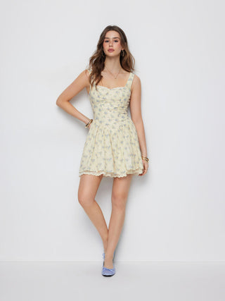 Floral Sweetheart Neck Eyelet Trim Lace Up Basque Waistline Flared Mini Dress