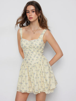 Floral Sweetheart Neck Eyelet Trim Lace Up Basque Waistline Flared Mini Dress