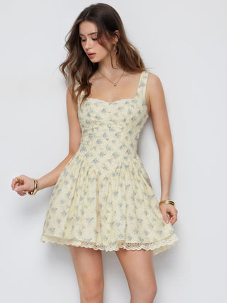 Floral Sweetheart Neck Eyelet Trim Lace Up Basque Waistline Flared Mini Dress