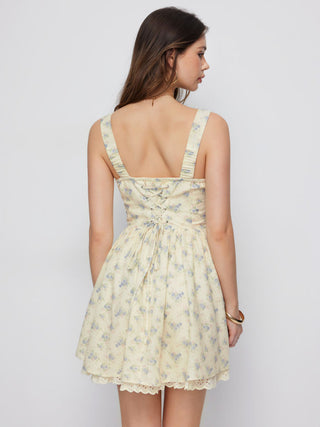 Floral Sweetheart Neck Eyelet Trim Lace Up Basque Waistline Flared Mini Dress