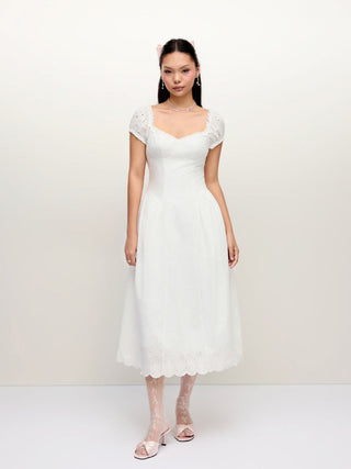 Cotton Broderie Anglaise Sweetheart Puff Sleeve Lace Up Maxi Dress