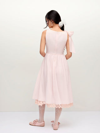 Boat Neck Bowknot Lace Trim A-line Midi Dress