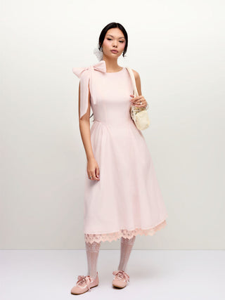 Boat Neck Bowknot Lace Trim A-line Midi Dress