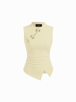 Mandarin Collar Metal Detail Cut Out Ruched Split Top