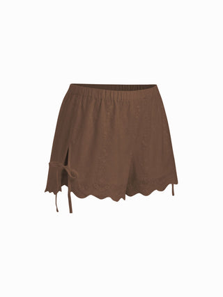 Cotton Low Rise Embroidery Tie Side Split Pointed Hem Oversized Shorts