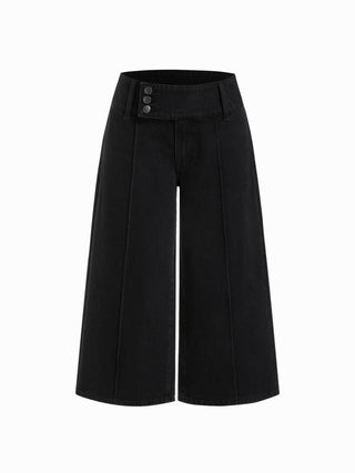 Washed Denim Low Rise Metal Detail Wide Leg Capri Jeans