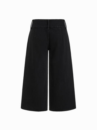 Washed Denim Low Rise Metal Detail Wide Leg Capri Jeans