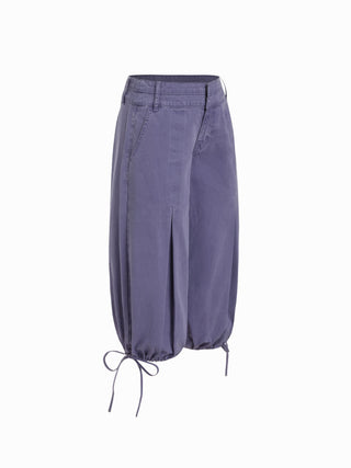 Washed Denim Low Rise Drawstring Hem Pleated Oversized Jogger Bermuda Jorts