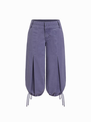 Washed Denim Low Rise Drawstring Hem Pleated Oversized Jogger Bermuda Jorts