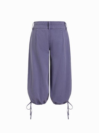 Washed Denim Low Rise Drawstring Hem Pleated Oversized Jogger Bermuda Jorts