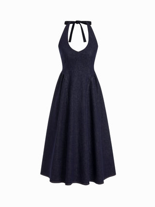 Stretch Denim Halter Neckline Washed A-line Maxi Dress