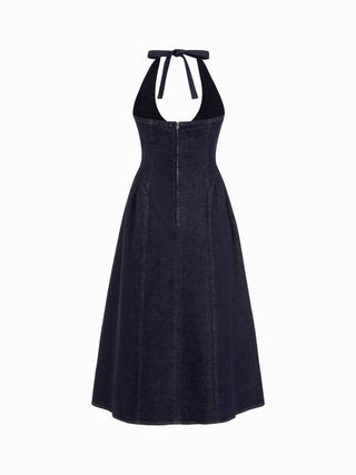 Stretch Denim Halter Neckline Washed A-line Maxi Dress