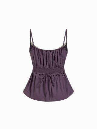 Cotton Color-block Square Neck Shirred Cami & Mid Rise Wide Leg Loungewear Set