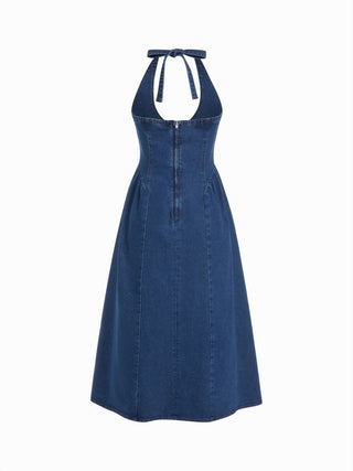 Stretch Denim Halter Neckline Washed A-line Maxi Dress