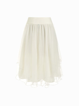 Mesh Mid Rise Ruffle Hem Layered Flared Midi Skirt