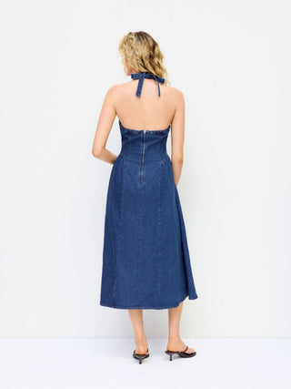 Stretch Denim Halter Neckline Washed A-line Maxi Dress