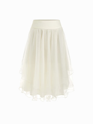 Mesh Mid Rise Ruffle Hem Layered Flared Midi Skirt