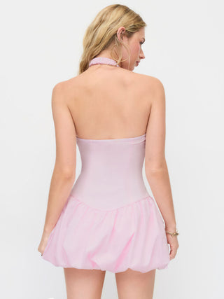 Cotton-blend Halter Neckline Bowknot Cut Out Bubble Hem Mini Dress