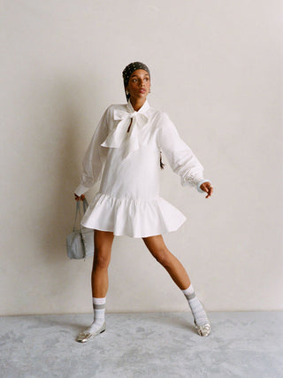 Cotton Stand Collar Lantern Sleeve Bowknot A-line Oversized Mini Dress