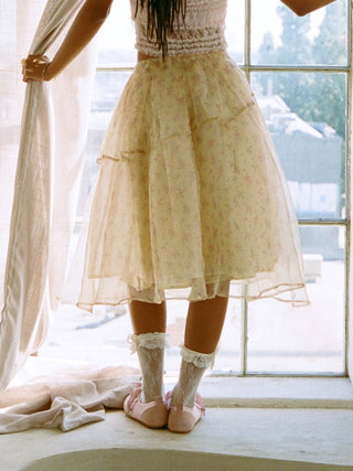 Chiffon Mid Rise Ditsy Floral Tiered Flared Oversized Maxi Skirt