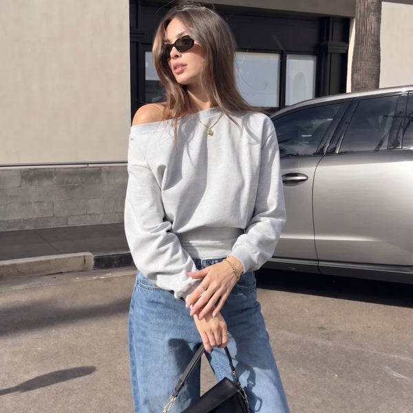 Cotton-blend Asymmetrical Neck Ruched Cinched Waist Sweatshirt