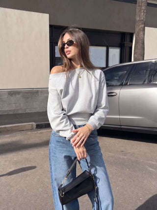 Cotton-blend Asymmetrical Neck Ruched Cinched Waist Sweatshirt