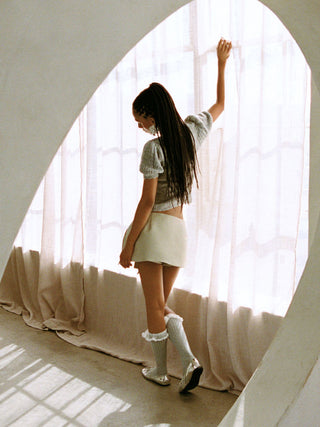 Knit Pointelle Tie Front Bowknot Puff Short Sleeve Top
