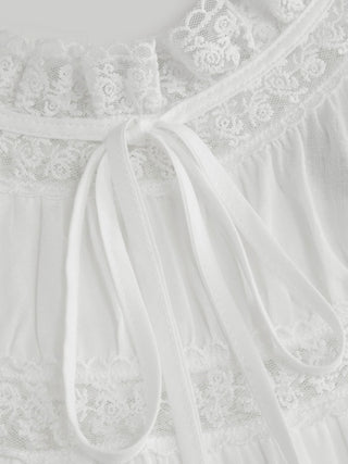 Linen-blend Turtleneck Puff Sleeve Lace Trim Oversized Smock Mini Dress