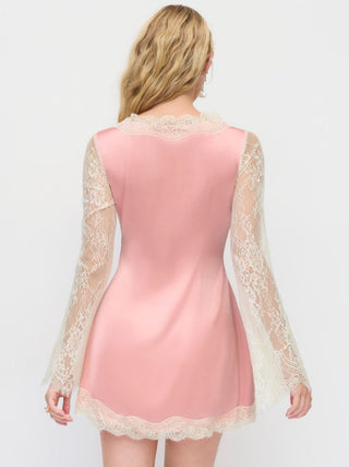 Satin V-neck Lace Trim Long Sleeve Mini Dress