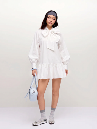 Cotton Stand Collar Lantern Sleeve Bowknot A-line Oversized Mini Dress