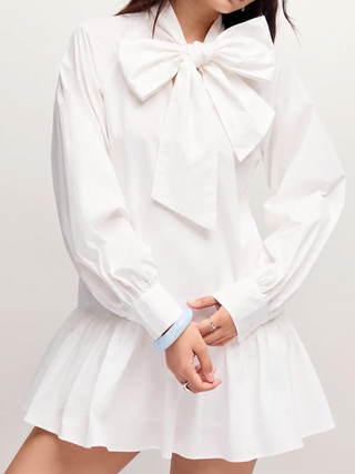 Cotton Stand Collar Lantern Sleeve Bowknot A-line Oversized Mini Dress